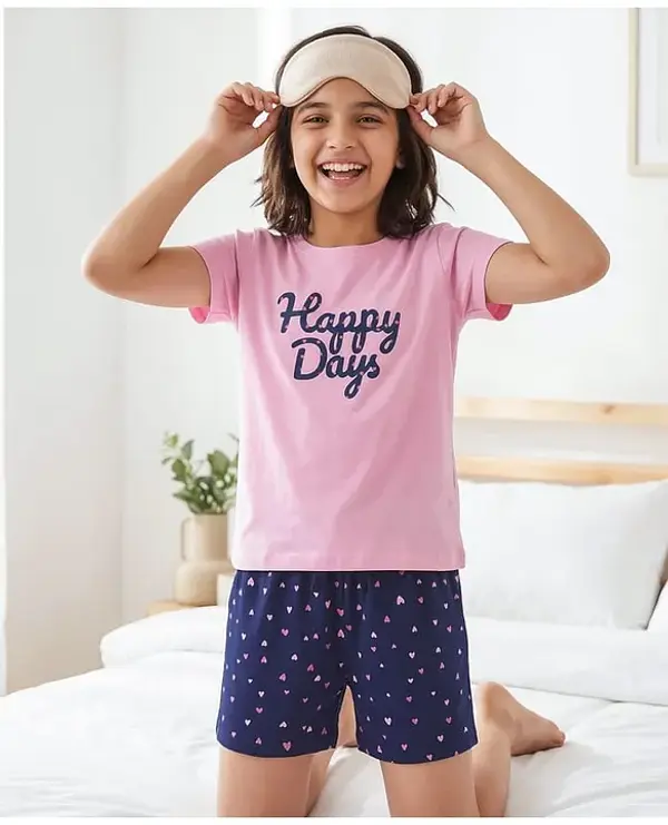 Girls Happy Days Cotton Night Suit Set – Half Sleeve T-Shirt & Printed Shorts Sleepwear