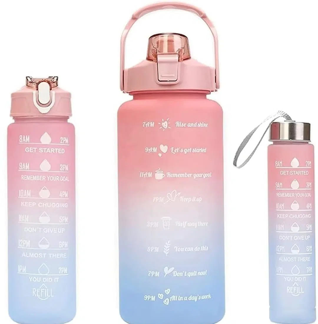 Motivational Water Bottle Set Colour with Time Marker | Pink Leakproof Sipper Bottles 1