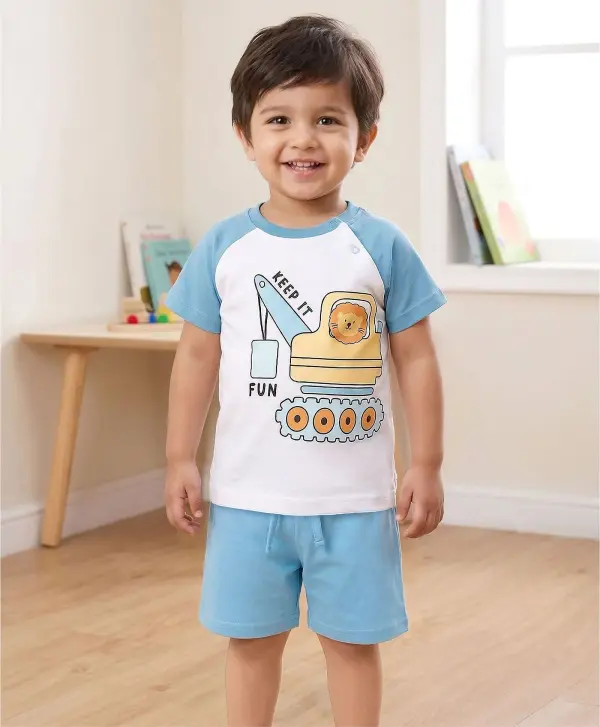 Superhero Cartoon Print Kids Co-Ord Set – White T-Shirt & Red Star Print Shorts for Boys & Girls