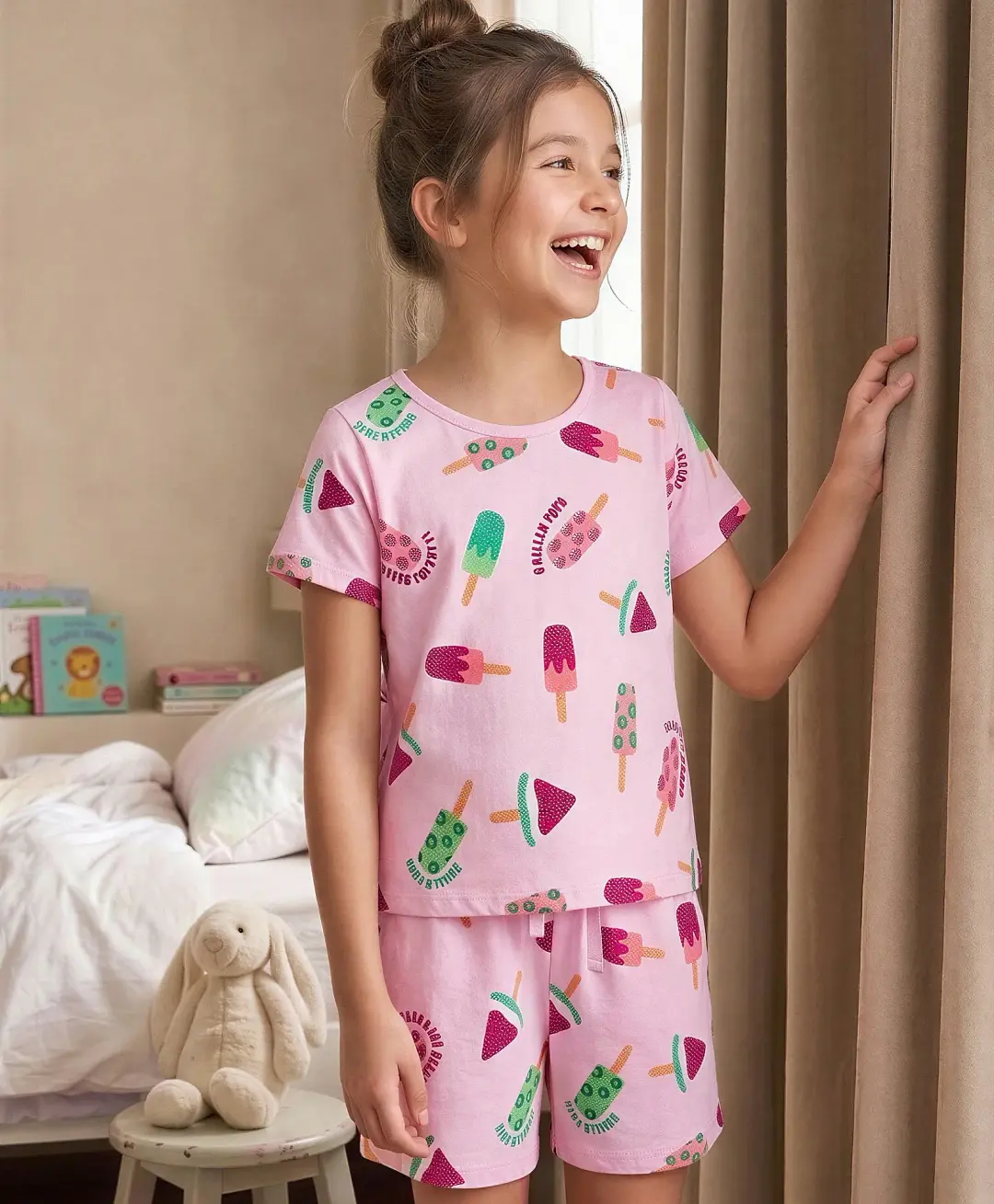 Girls Cotton Half Sleeves Printed Night Suit Set – Soft & Comfortable Pink Sleepwear with Shorts 1