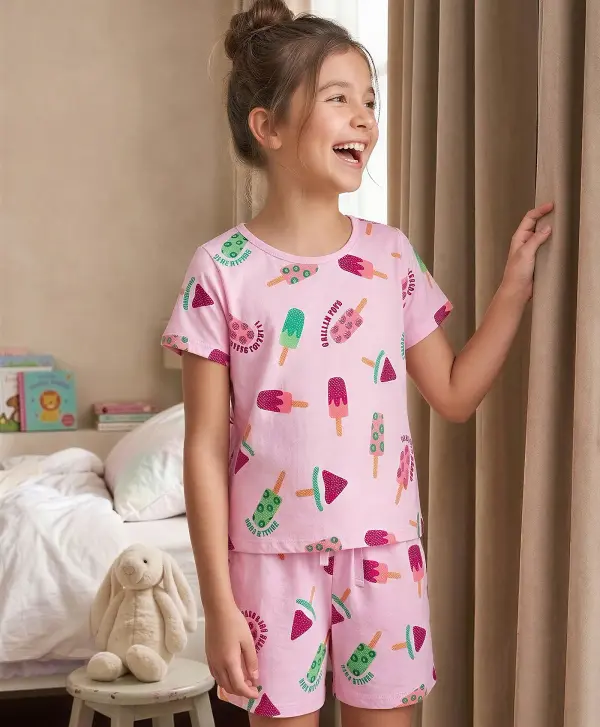 Girls Cotton Half Sleeves Printed Night Suit Set – Soft & Comfortable Pink Sleepwear with Shorts