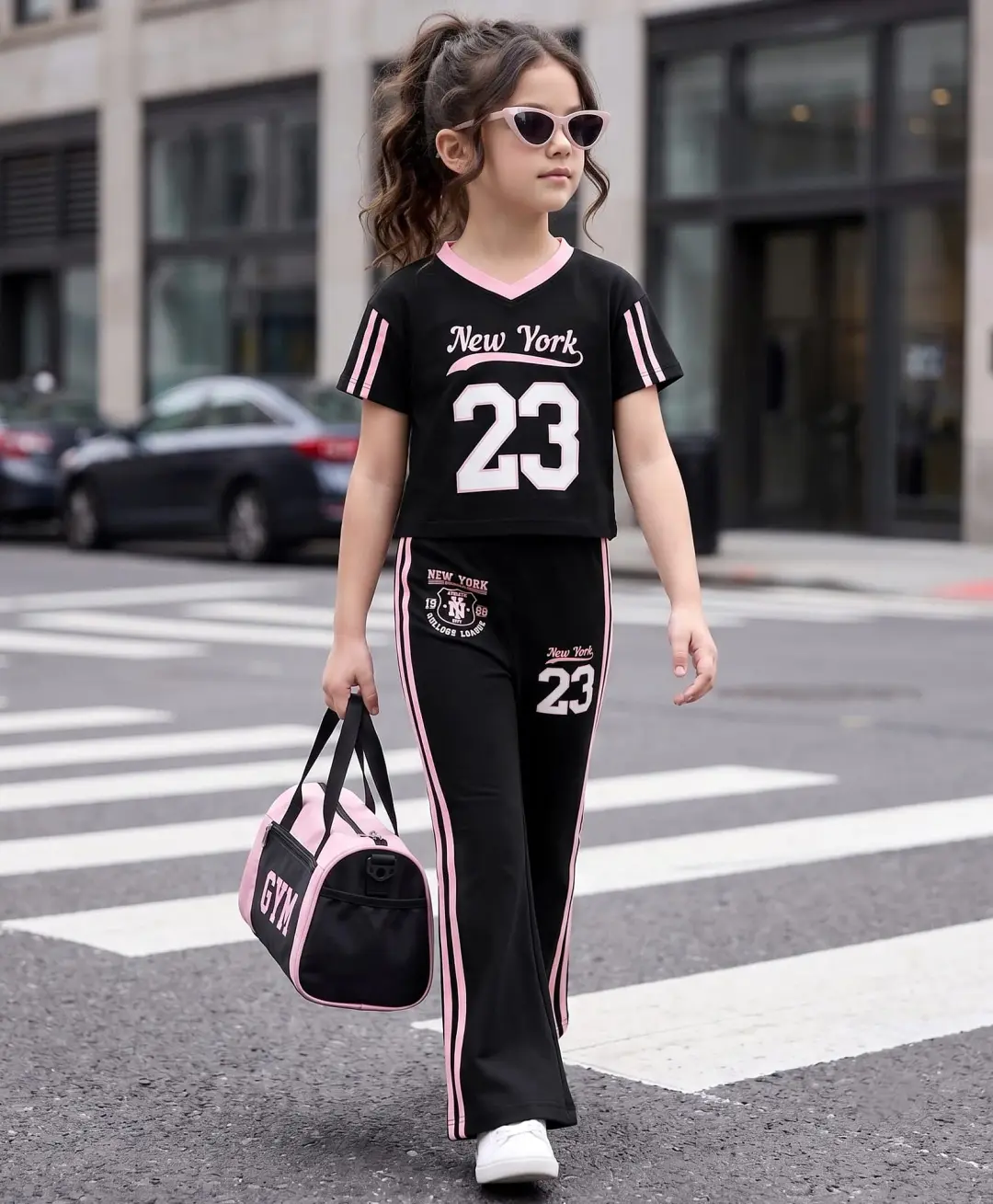 Girls New York 23 Co-Ord Set – Stylish Printed T-Shirt & Track Pants Outfit for Kids 1