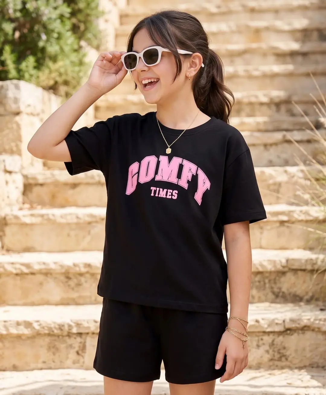 Cotton Knit Half Sleeves T-Shirt Shorts Night Suit with Text Print - Black 1