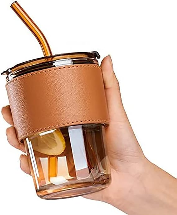 Glass Coffee Cup with Straw & Lid 1