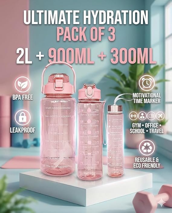 Motivational Water Bottle Set (3 Pcs) Transparent Bottel