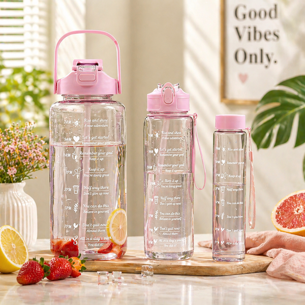 Motivational Water Bottle Set with Time Marker | Pink Leakproof Sipper Bottles