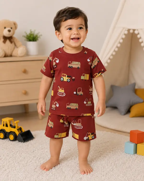 Construction Vehicle Print Kids Co-Ord Set – Maroon T-Shirt & Shorts for Boys & Girls