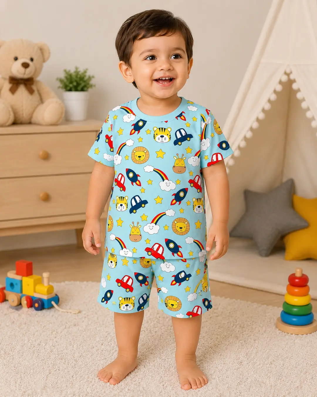 Cute Cartoon Animal & Rocket Print Kids Co-Ord Set – Sky Blue T-Shirt & Shorts for Boys & Girls 1