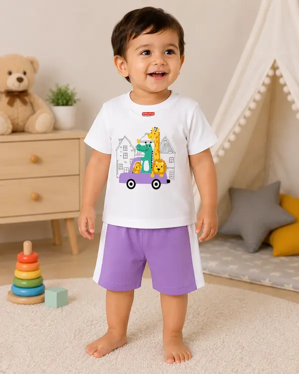 Cute Safari Animal Print Kids Co-Ord Set – White T-Shirt & Purple Shorts for Boys & Girls