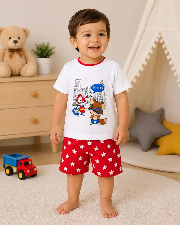 Superhero Cartoon Print Kids Co-Ord Set – White T-Shirt & Red Star Print Shorts for Boys & Girls