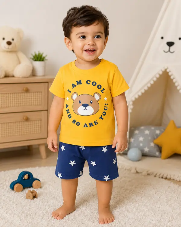 Cute Bear Print Baby Clothing Set for Boys & Girls – Yellow T-Shirt & Star Print Shorts