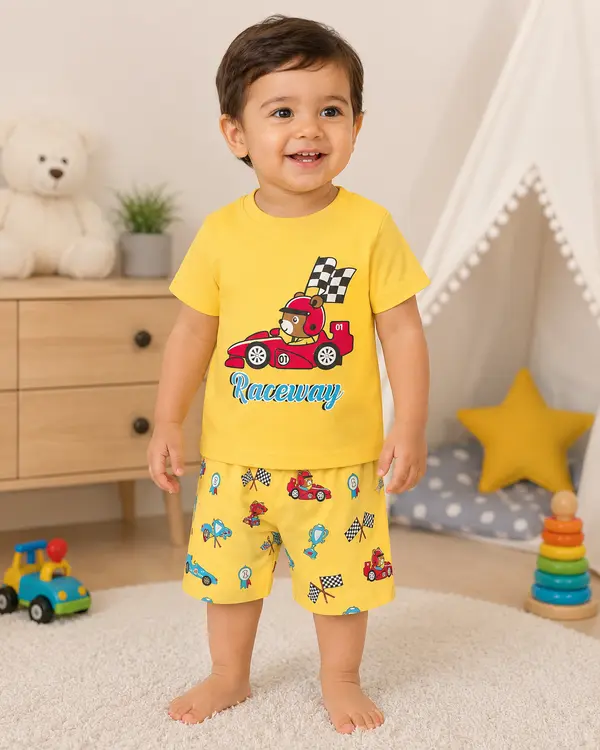 Cotton Knit Half Sleeves Car Racing Printed