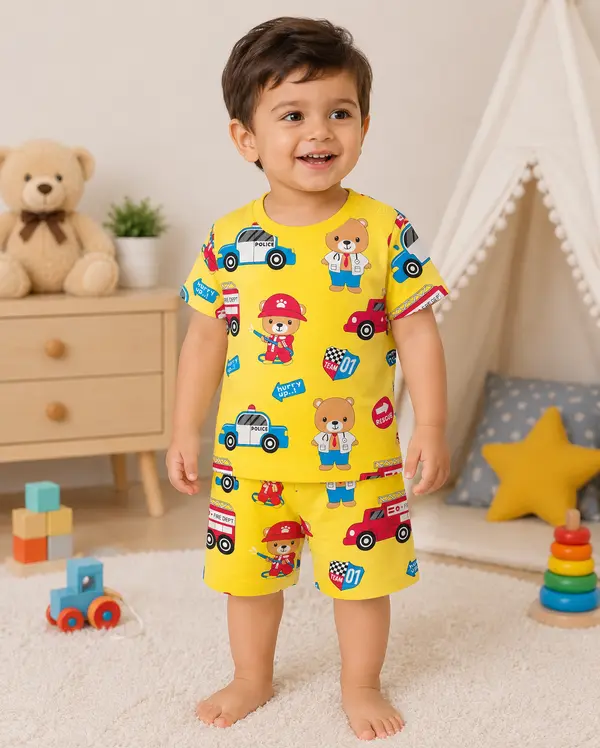 Cute Rescue Team Bear Print Kids Co-Ord Set – Yellow T-Shirt & Shorts for Boys & Girls