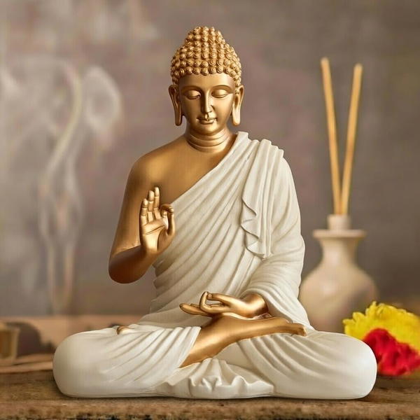 Big Size Meditating Beige Color Buddha Idol Statue Showpiece for Home Garden Living Room Decor Decoration Gift Gifting Items, 14 inches (Golden Colour)