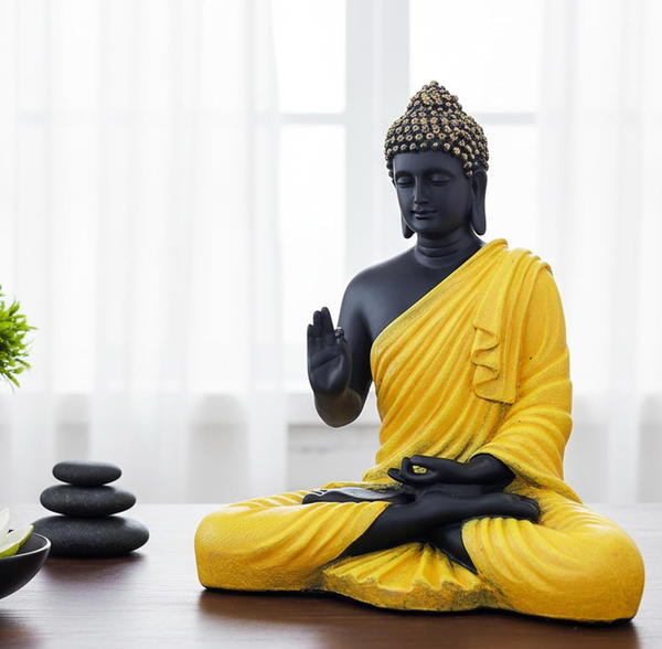 Big Size Meditating Beige Color Buddha Idol Statue Showpiece for Home Garden Living Room Decor Decoration Gift Gifting Items, 14 inches (Yellow Colour)