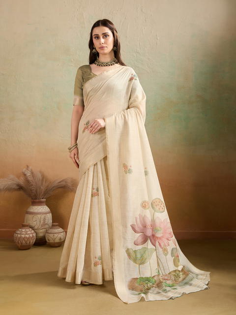 BFM Floral Print Jamdani Cotton Blend Saree
