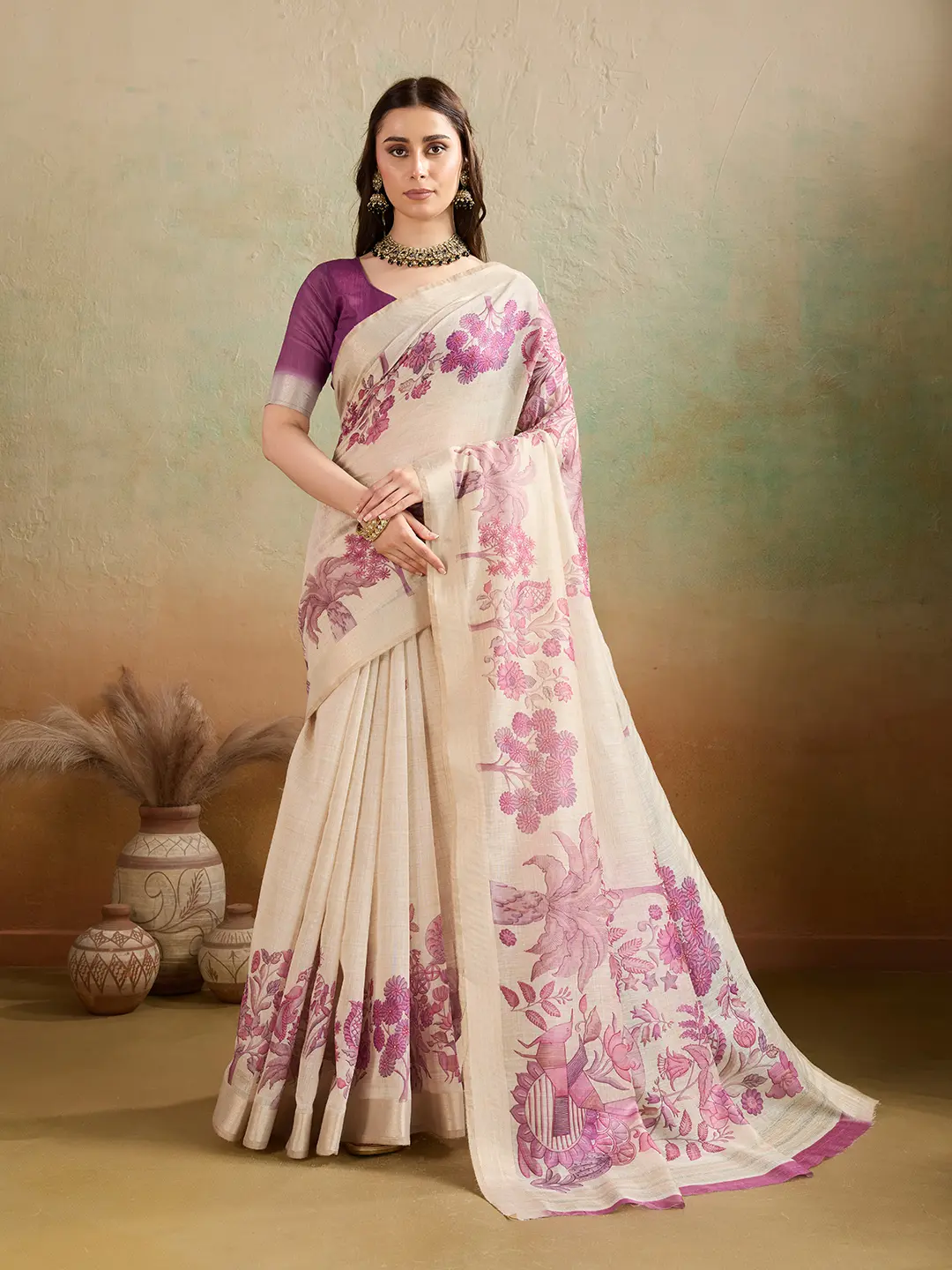 BFM Floral Print Jamdani Cotton Blend Saree 1