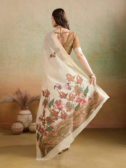 BFM Floral Print Jamdani Cotton Blend Saree