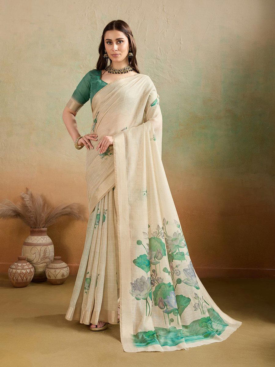 BFM Beige & Rama Woven Soft Jamdani Chickoo Floral Printed Saree For Women 1