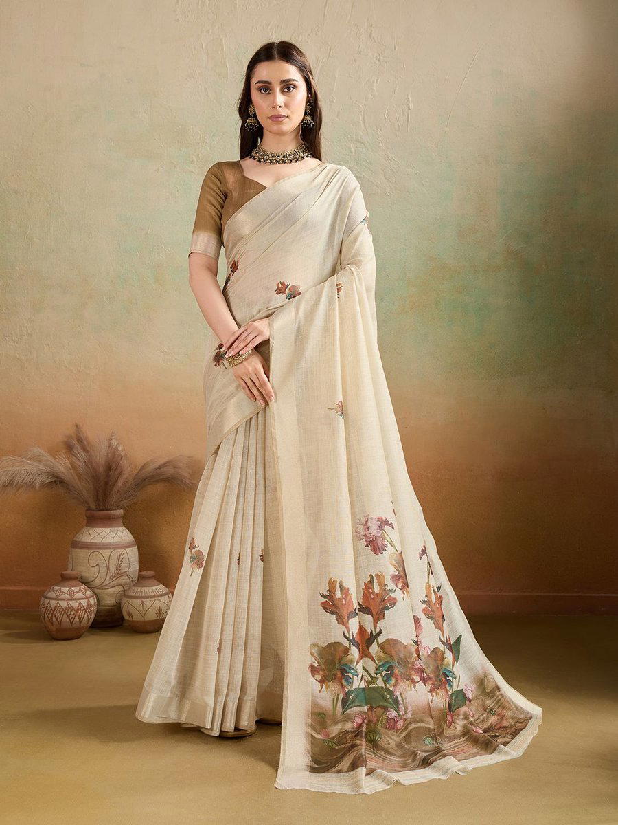 BFM Beige & Brown Woven Soft Jamdani Chickoo Floral Printed Saree For Women 1