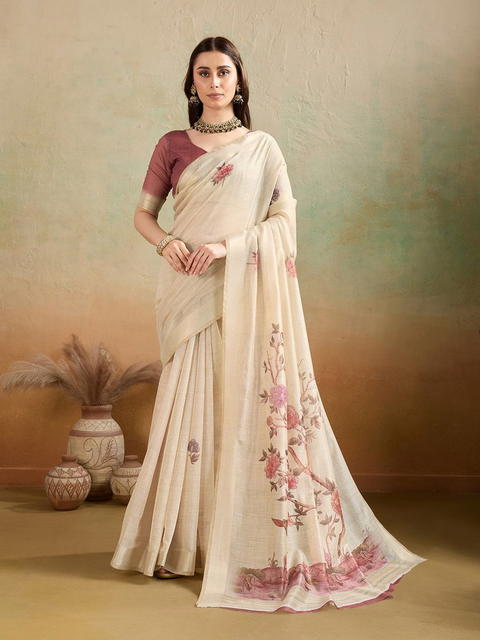 BFM Beige & Rose Pink Woven Soft Jamdani Chickoo Floral Printed Saree For Women