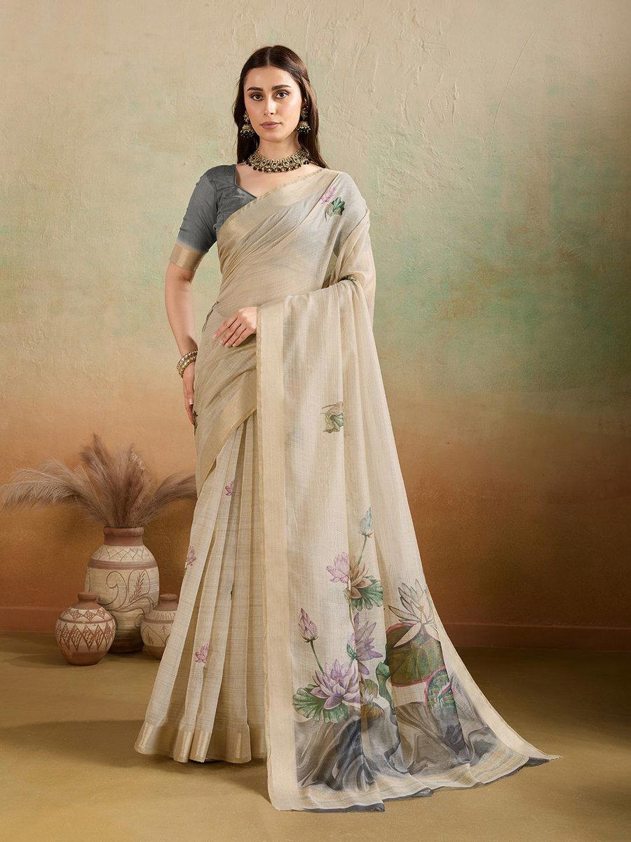 BFM Beige & Grey Woven Soft Jamdani Chickoo Floral Printed Saree For Women 1