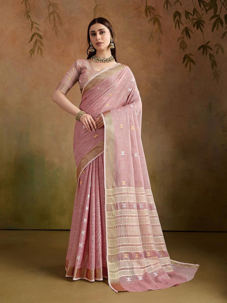 BFM Dusty Pink Woven Linen Butti Traditional Saree For Women 1