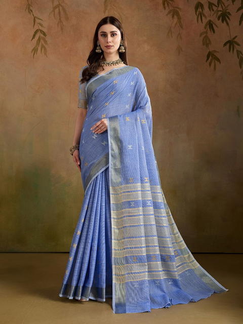 BFM Dusty Blue Woven Linen Butti Traditional Saree For Women