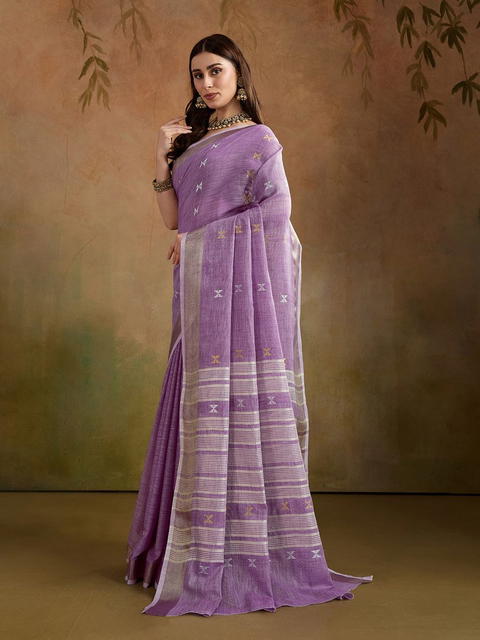 BFM Purple Woven Linen Butti Traditional Saree For Women