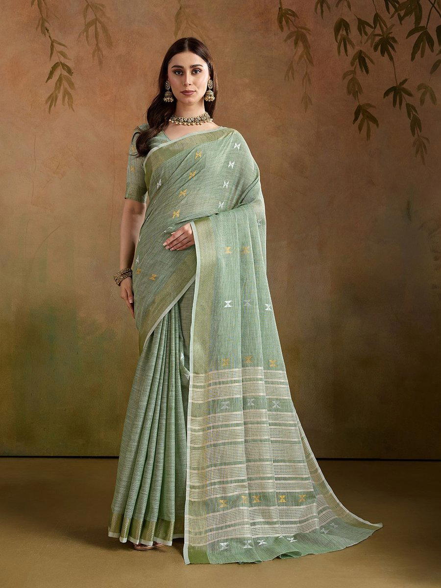 BFM Sea Green Woven Linen Butti Traditional Saree For Women 1