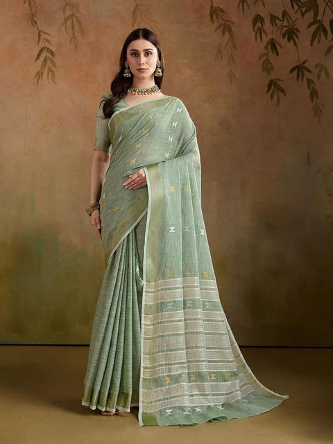 BFM Sea Green Woven Linen Butti Traditional Saree For Women