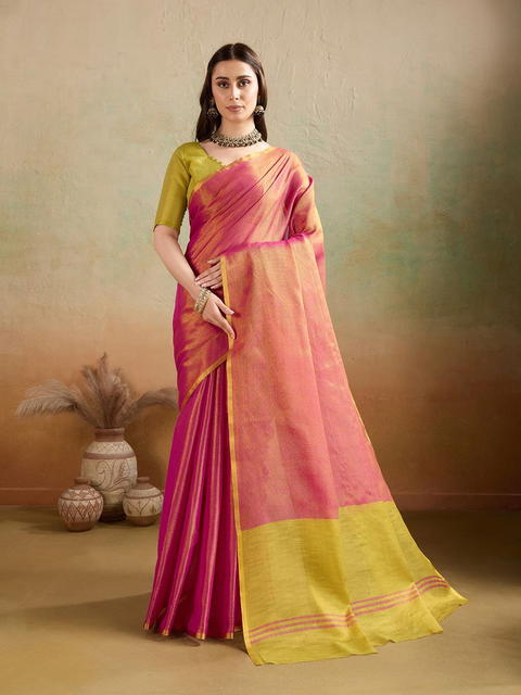 BFM Rani Tissue Woven Solid Saree For Women With Contrast Pallu