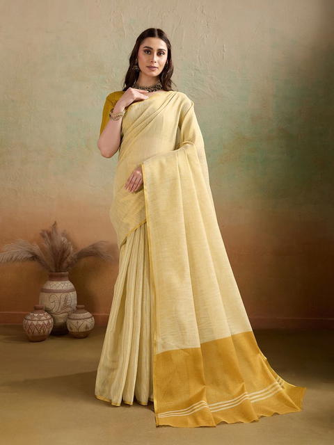 BFM Cream Tissue Woven Solid Saree For Women With Contrast Pallu