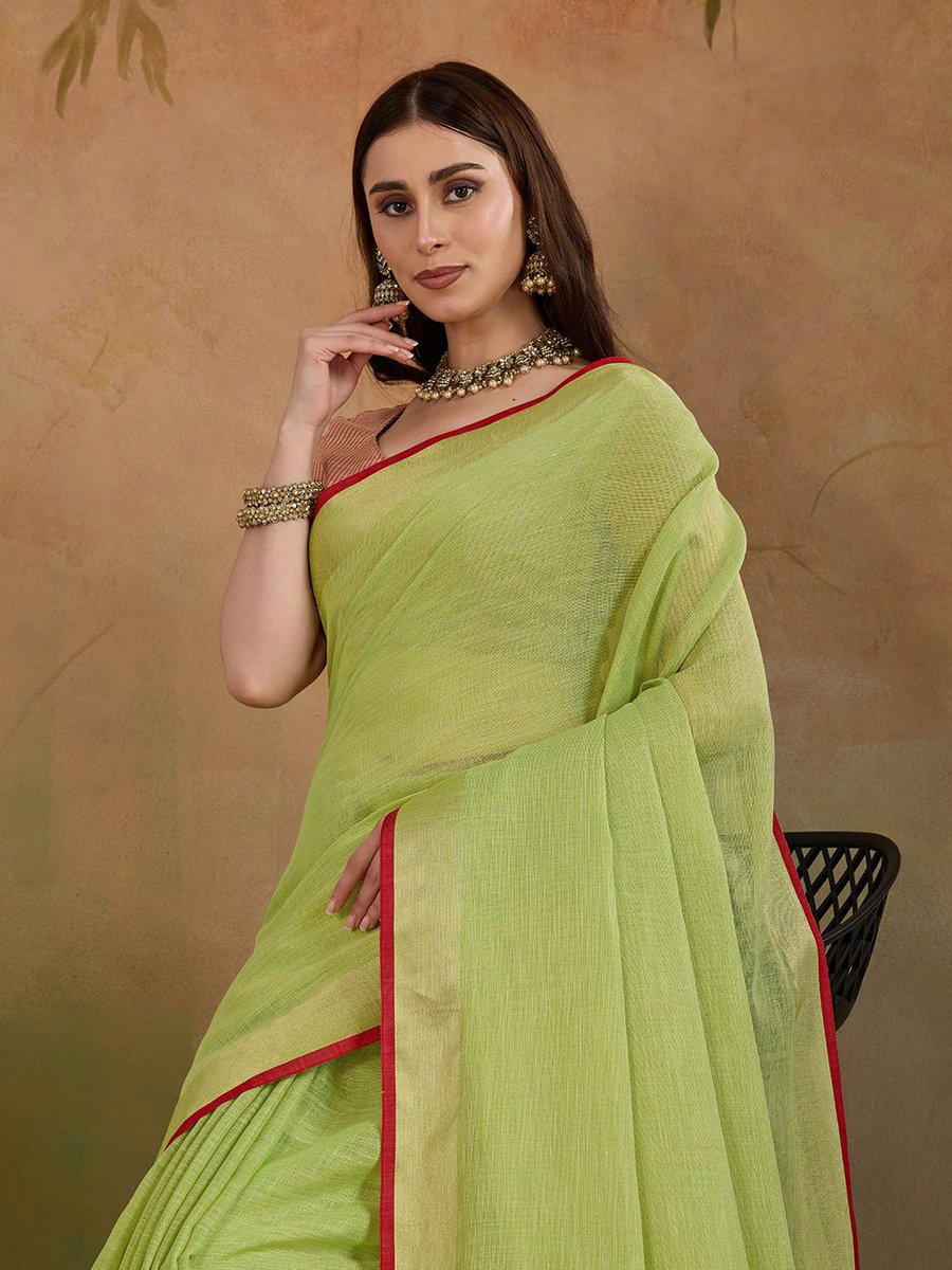 BFM Green Tissue Woven Jari Border & Striped With Red Piping Saree For Women 1