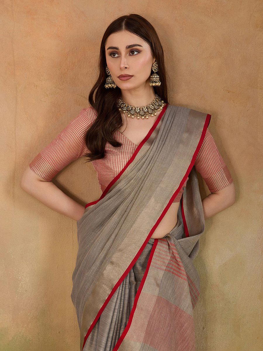 BFM Grey Tissue Woven Jari Border & Striped With Red Piping Saree For Women 1