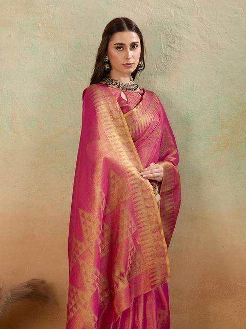 BFM Rani Tissue Woven Zari Embellished Temple Rich Pallu Saree For Women