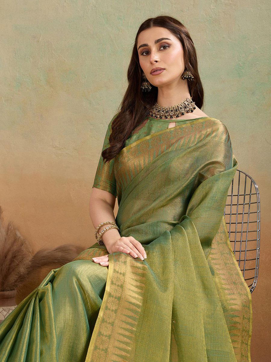 BFM Green Tissue Woven Zari Embellished Temple Rich Pallu Saree For Women 1