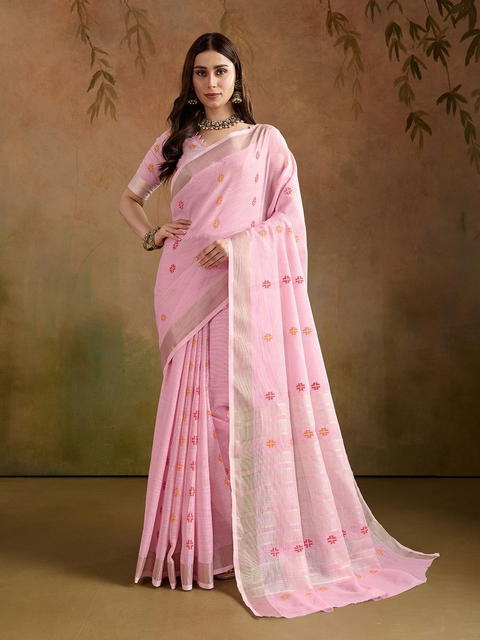 BFM Pink Woven Linen Butti With Jari Border Saree For Women