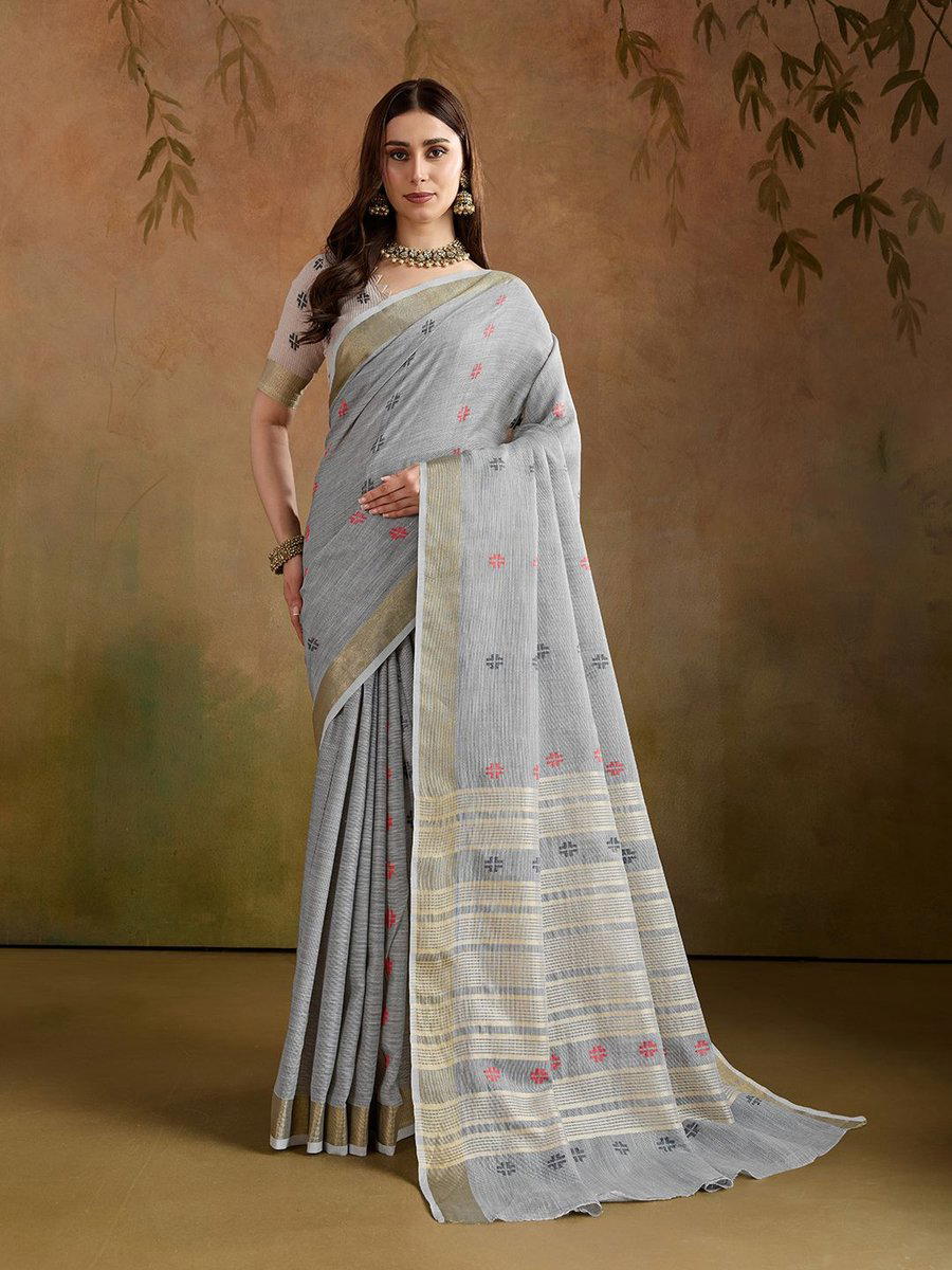BFM Grey Woven Linen Butti With Jari Border Saree For Women 1