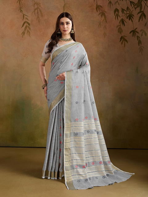 BFM Grey Woven Linen Butti With Jari Border Saree For Women