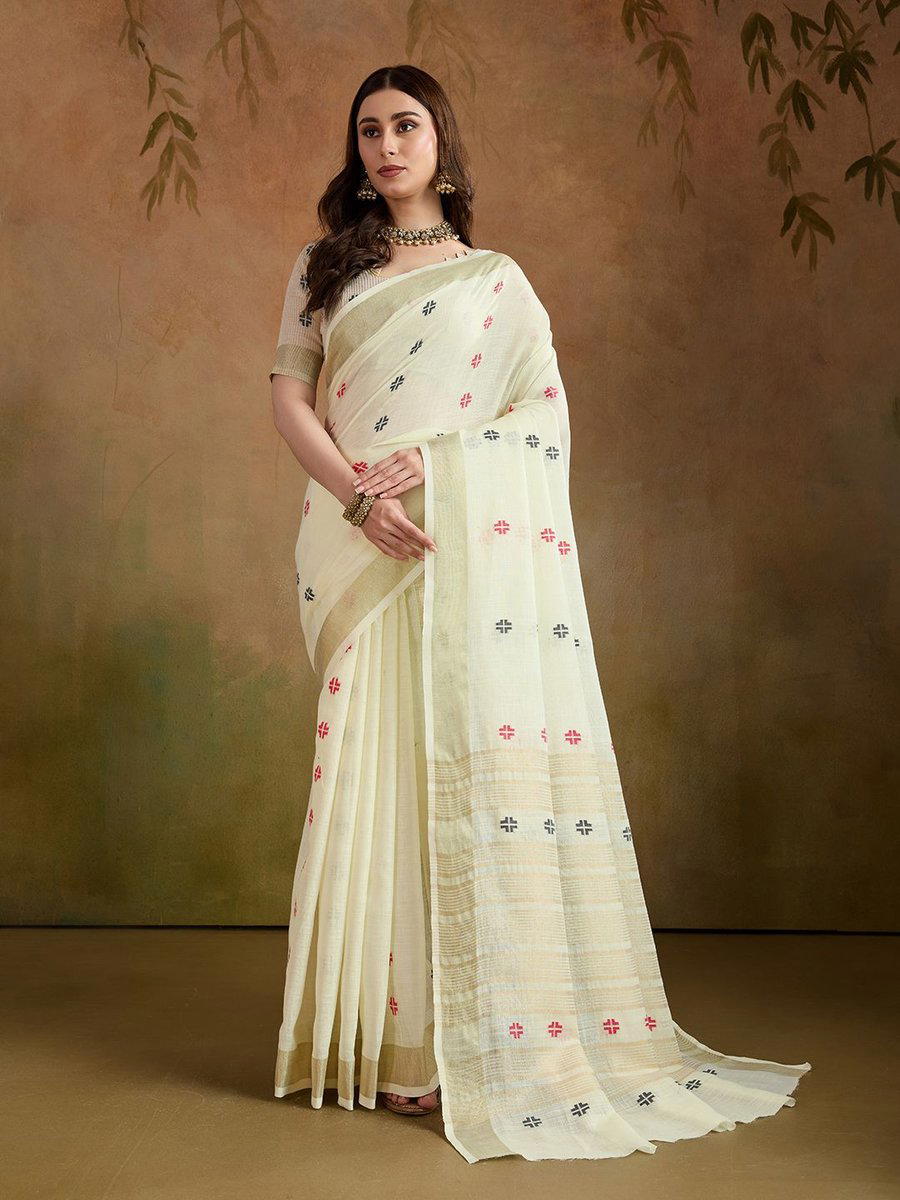 BFM Woven Bollywood Linen Sarees Saree (Cream) 1