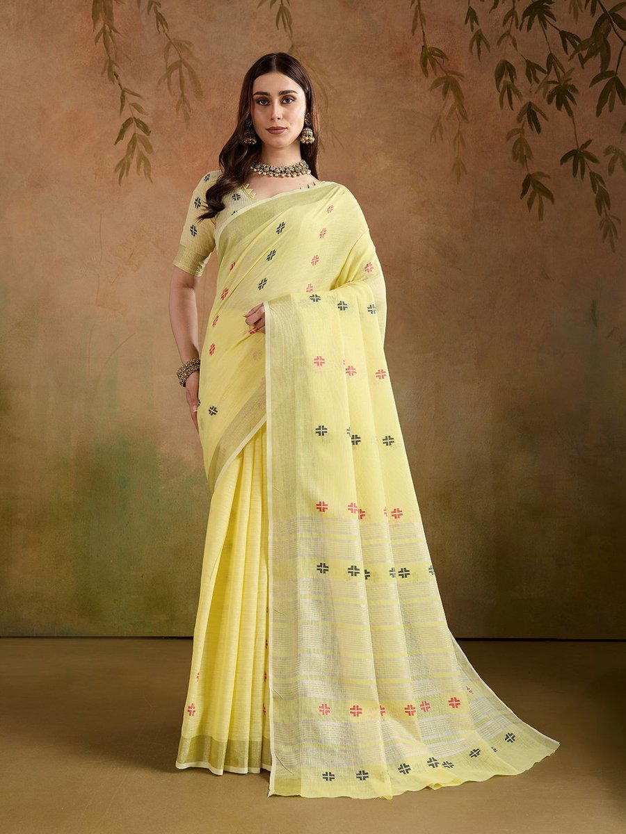 BFM Yellow Woven Linen Butti With Jari Border Saree For Women 1