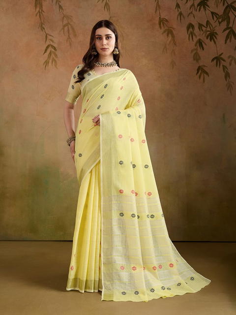 BFM Yellow Woven Linen Butti With Jari Border Saree For Women