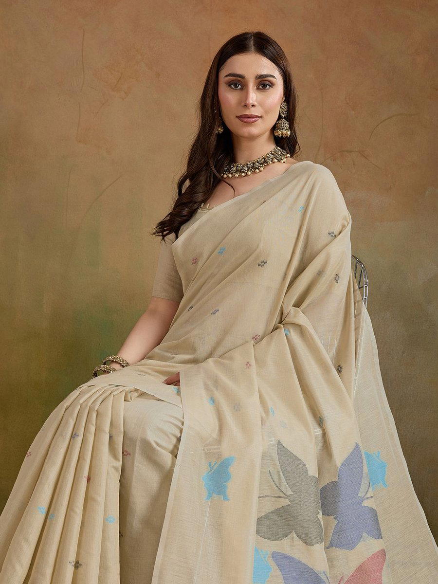 BFM Beige Cotton Woven Beautiful Butti Butterfly Printed Saree For Women 1