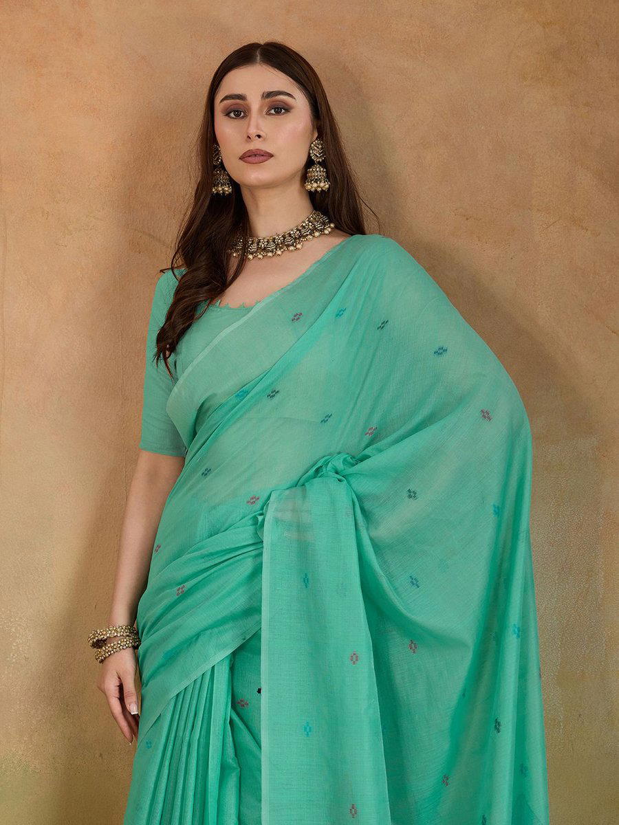 BFM Sea Green Cotton Woven Beautiful Butti Butterfly Printed Saree For Women 1