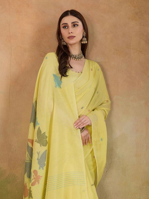 BFM Yellow Cotton Woven Beautiful Butti Butterfly Printed Saree For Women