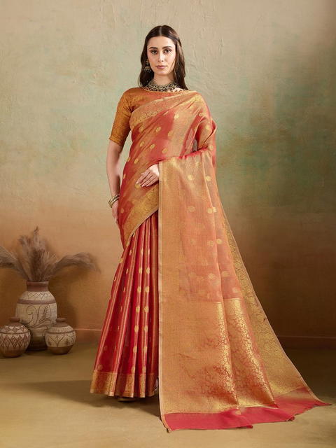 BFM Red Tissue Woven Butti Banarasi Saree For Women