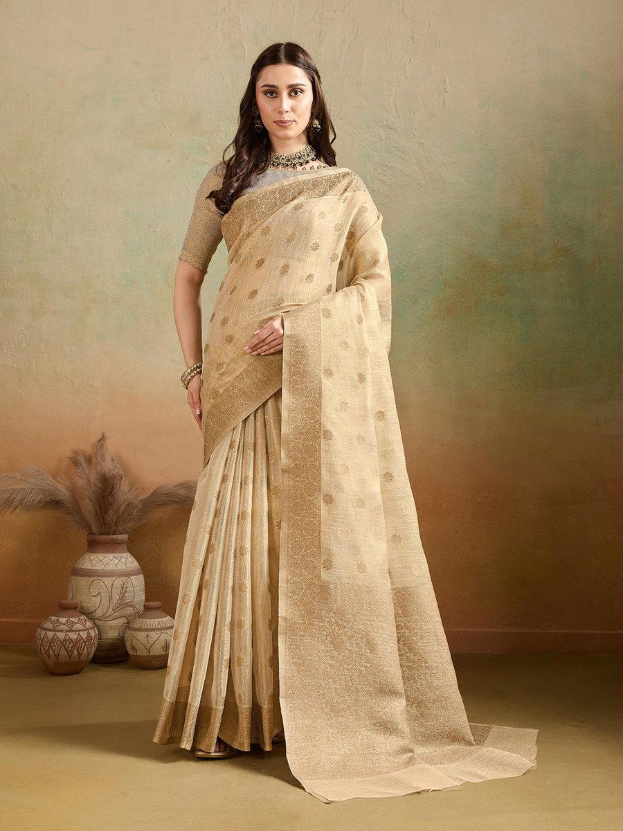 BFM Beige Tissue Woven Butti Banarasi Saree For Women 1