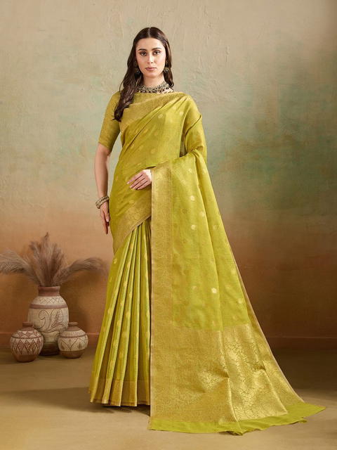 BFM Mehndi Tissue Woven Butti Banarasi Saree For Women