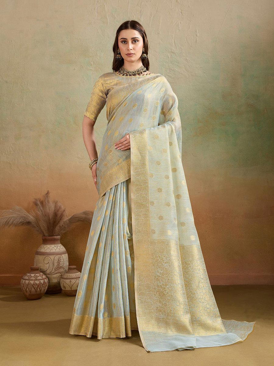 BFM Sky Blue Tissue Woven Butti Banarasi Saree For Women 1